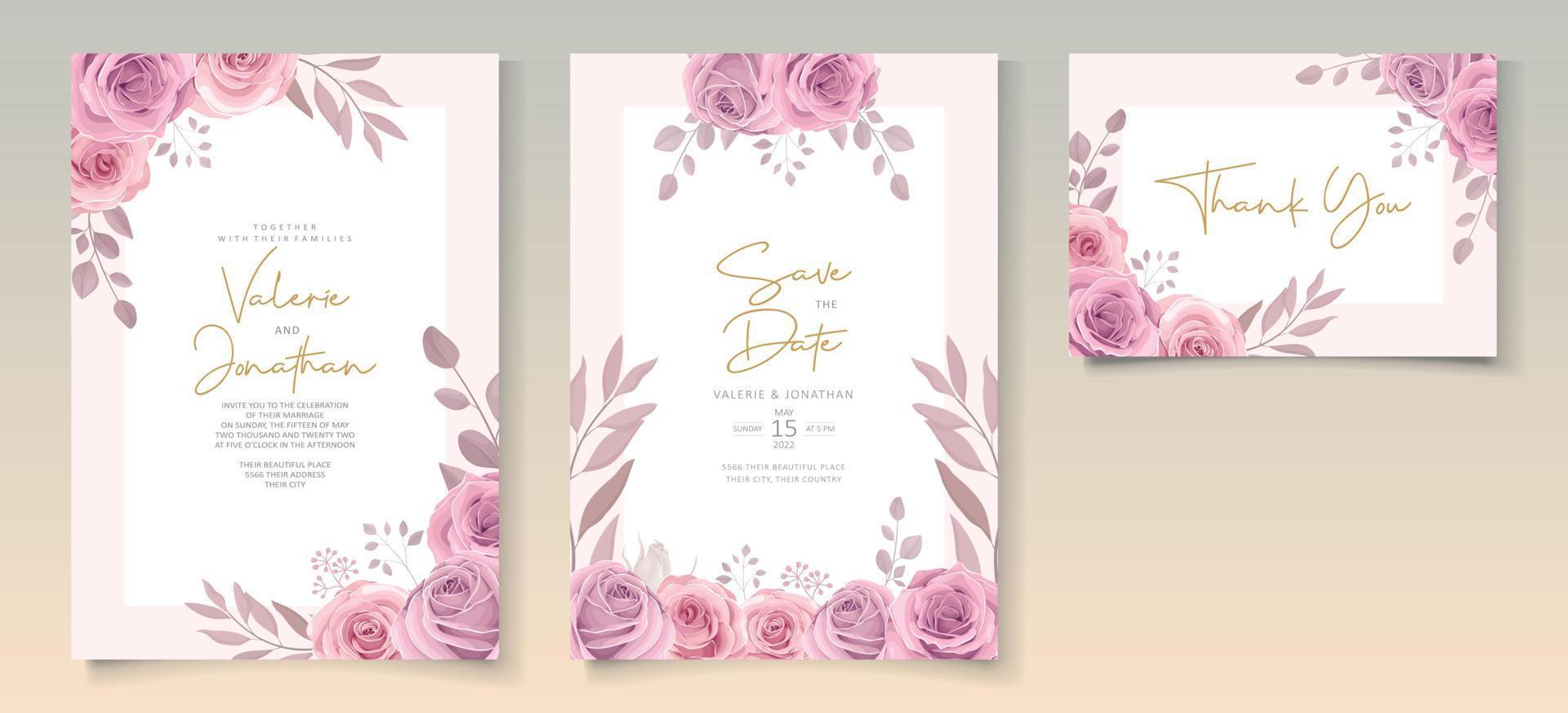 conjunto de lindo modelo de convite de casamento com enfeite de flores de rosas desenhadas à mão vetor