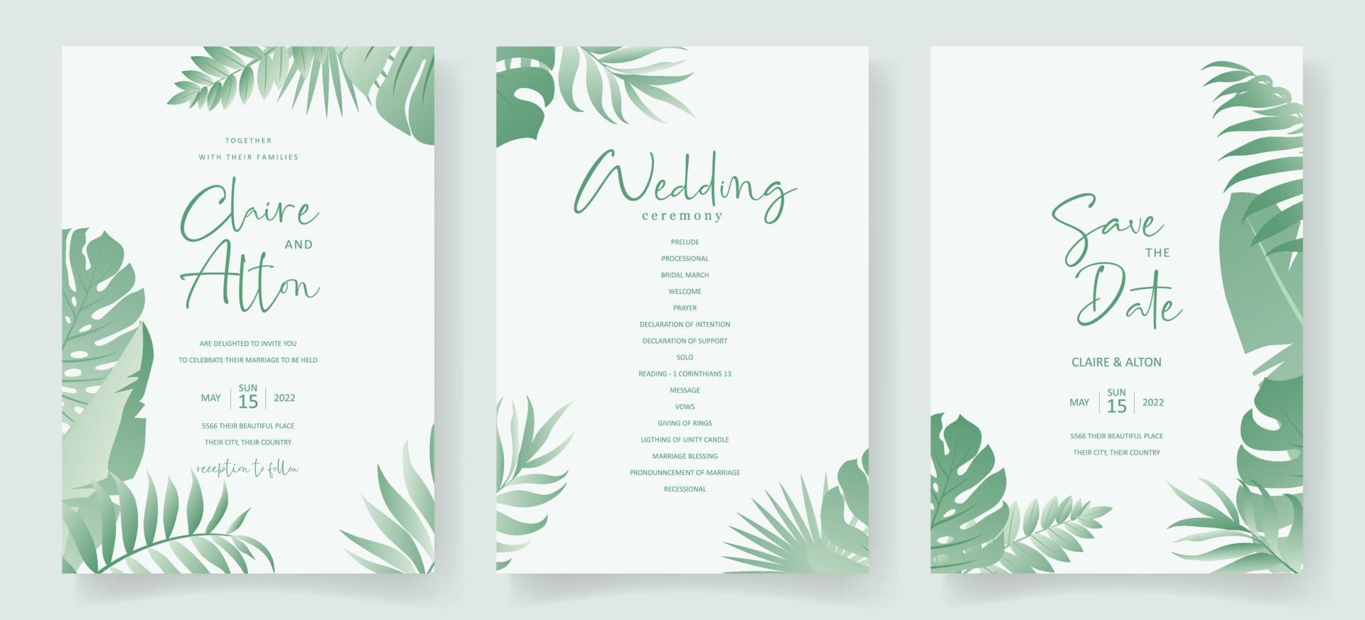 design de cartão de casamento de verão com enfeite de folha tropical vetor