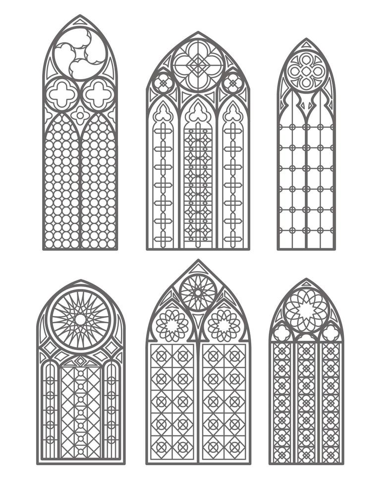 conjunto de contorno de janelas góticas. silhueta de molduras de igreja de vitral vintage. elemento da arquitetura tradicional europeia. vetor