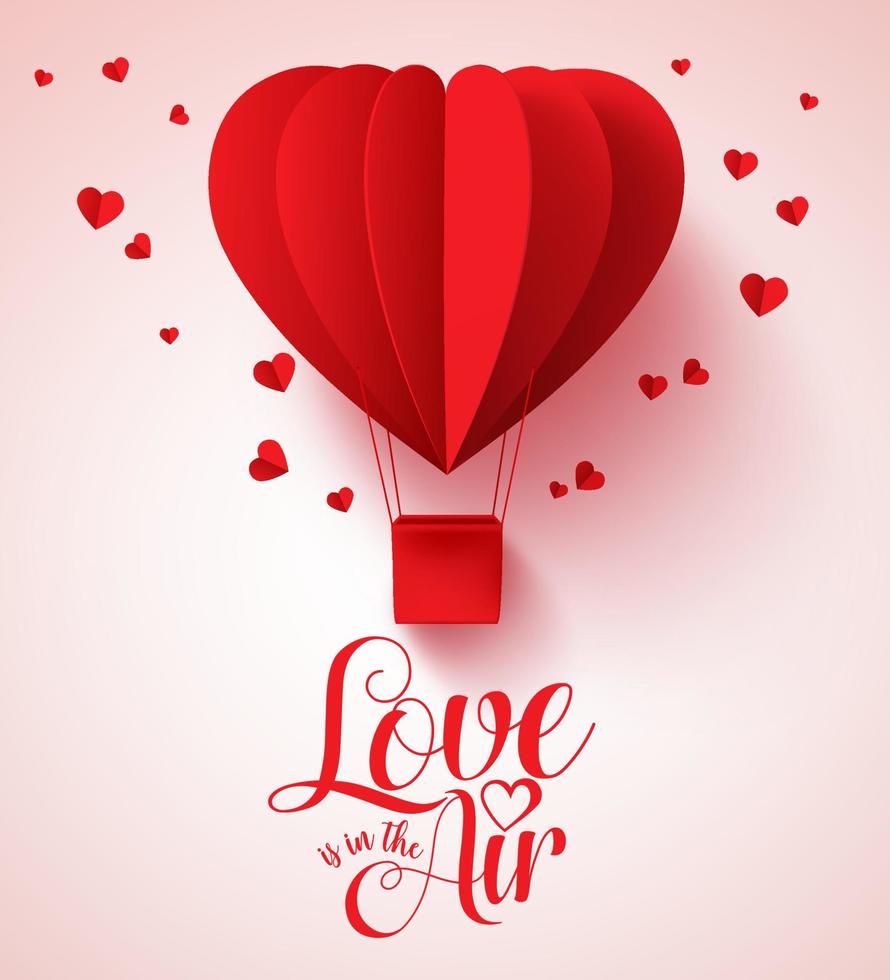 o amor está na tipografia do ar para o dia dos namorados com balão de forma de coração vermelho de corte de papel voando e decorações de corações em fundo branco. ilustração vetorial. vetor