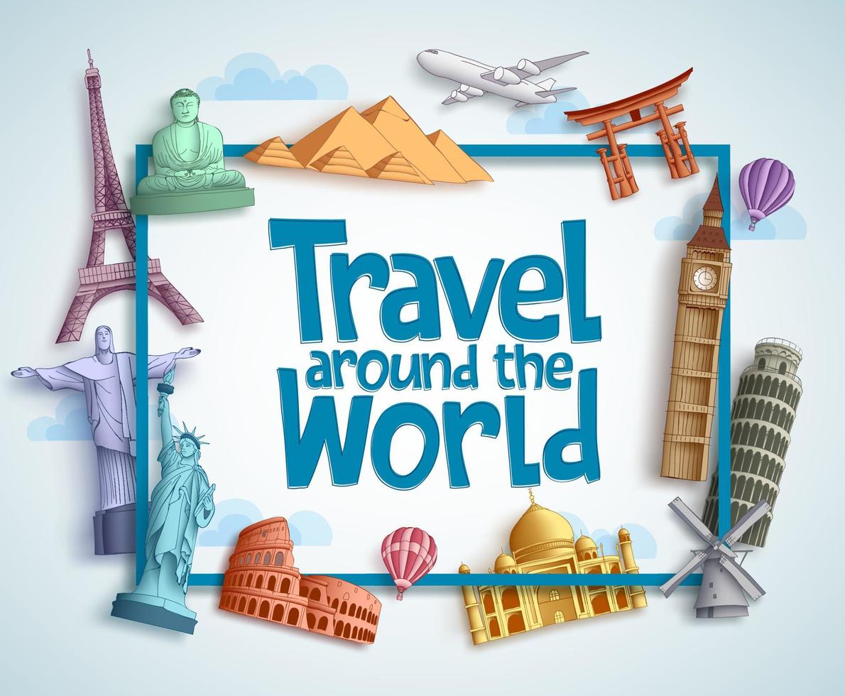 viajar ao redor do mundo vector banner design com moldura e marcos famosos e elementos de destinos turísticos em fundo branco. ilustração vetorial.