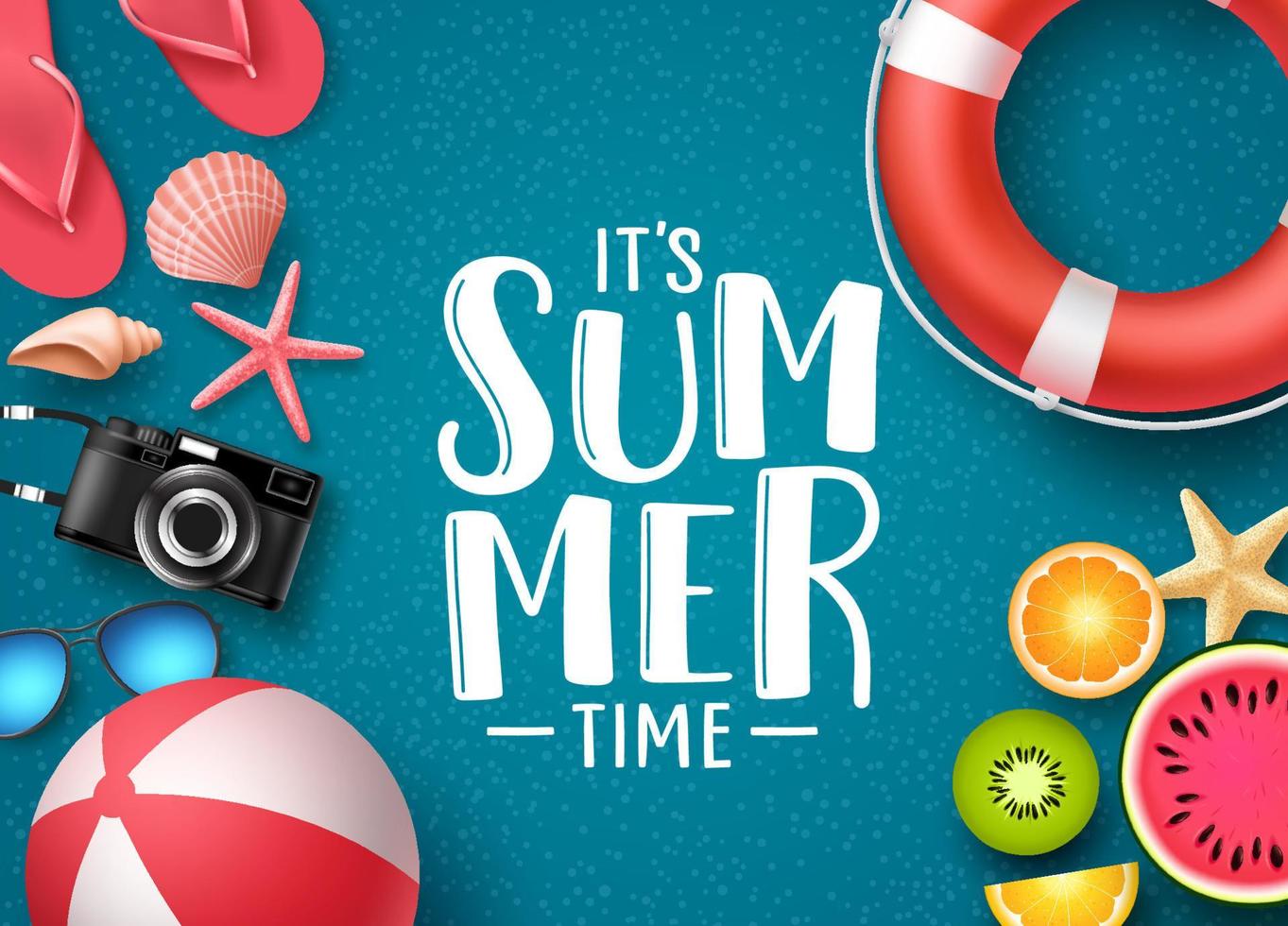 é o design de banner de vetor de horário de verão com texto e elementos de verão, como bola de praia, conchas e frutas em plano de fundo texturizado azul. ilustração vetorial.