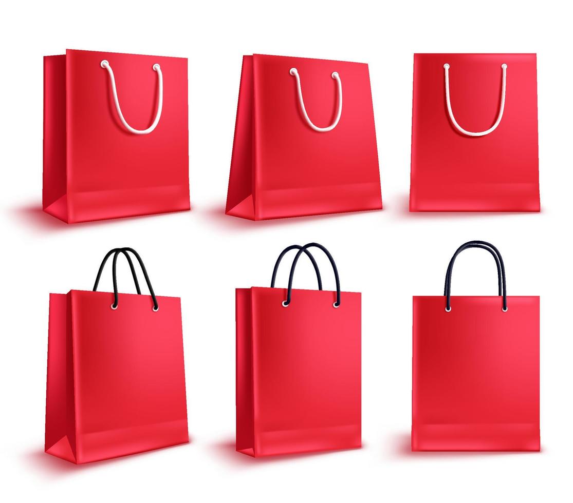 conjunto de vetores de sacolas de compras. coleção de sacos de papel vazio de venda vermelha para elementos de design de compras de moda isolados no branco. ilustração vetorial.