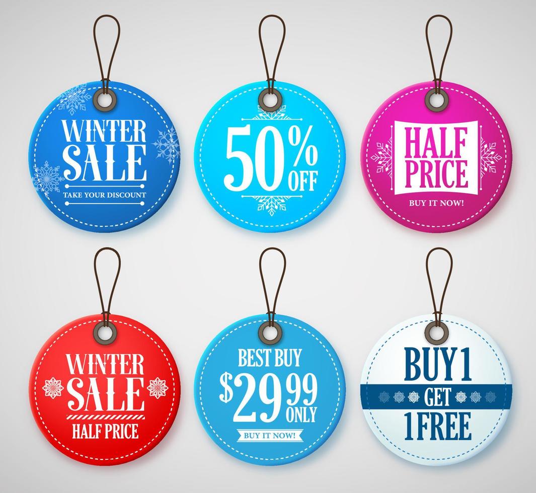 Tags de venda de inverno definidas para promoções de loja de temporada com rótulos em forma de círculo com as cores azul, vermelho e branco. ilustração vetorial. vetor