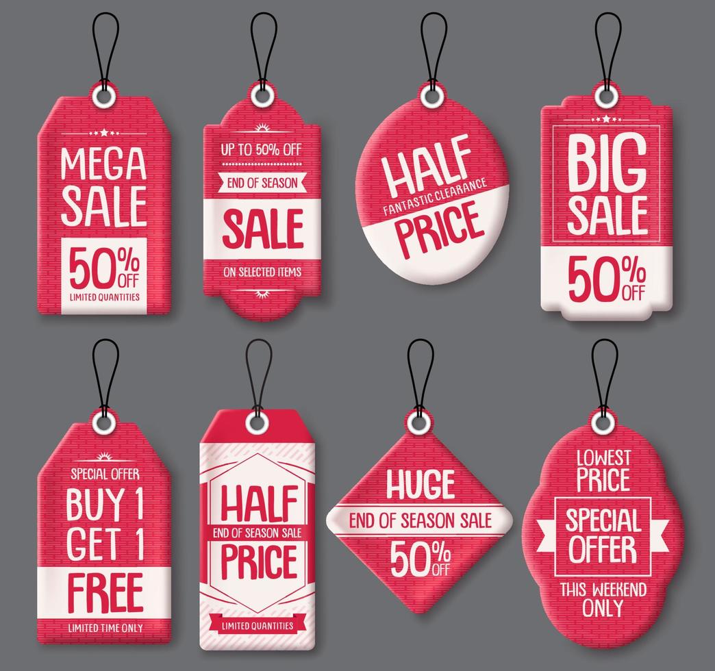 conjunto de vetores de modelos de tag de venda. etiquetas de preço de papel vermelho com texto de grande venda e desconto em diferentes formas para promoções de marketing de loja de final de temporada. ilustração vetorial.