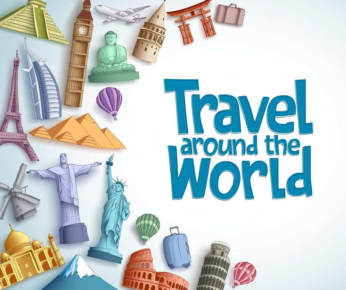viagens e turismo modelo de fundo vector com viagens ao redor do mundo texto em fundo branco vazio e destinos turísticos famosos e elementos de monumentos. ilustração vetorial.