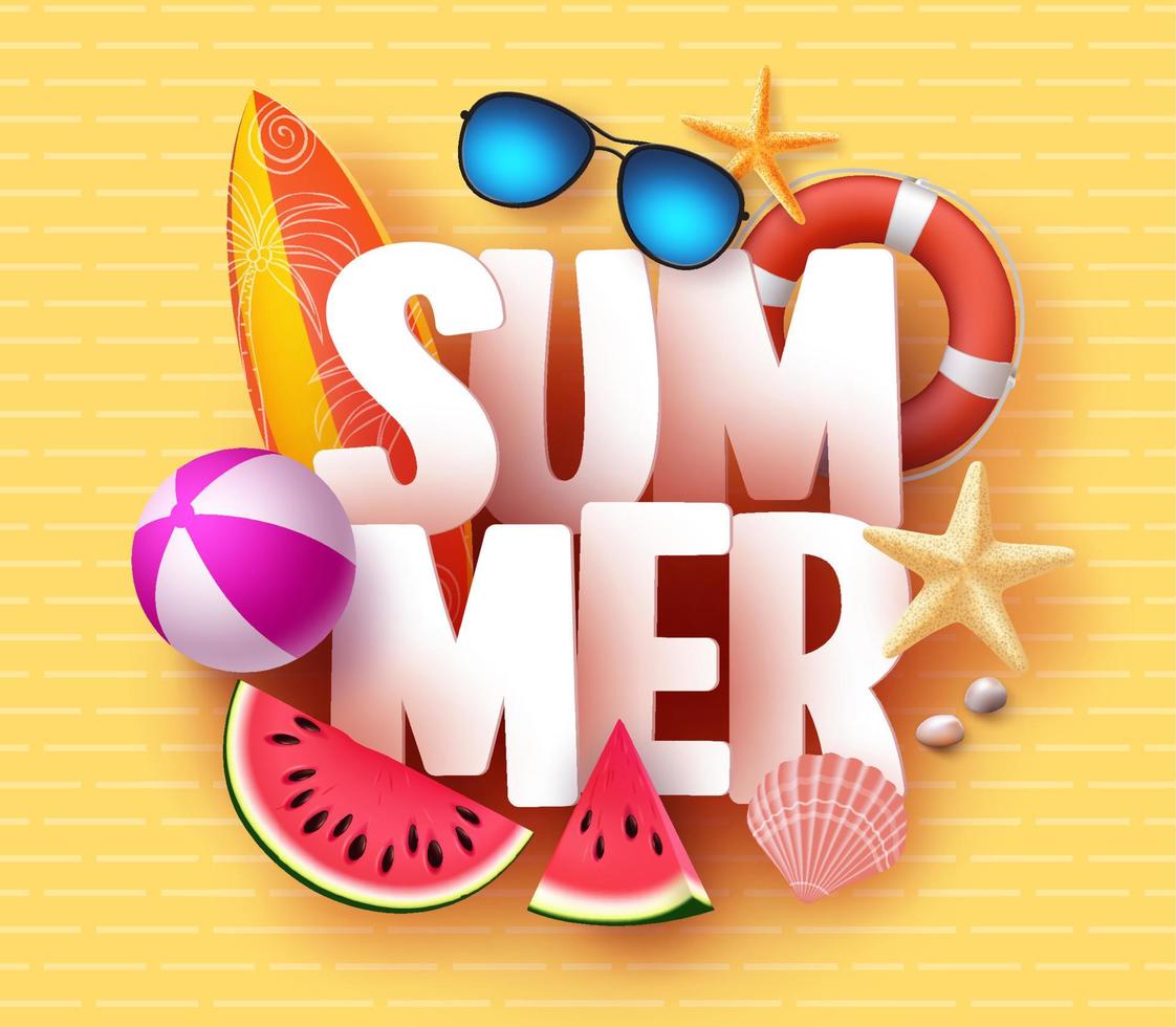 design de banner de verão com título de texto 3d e elementos de praia tropical colorida em fundo amarelo padrão para a temporada de verão. ilustração vetorial. vetor