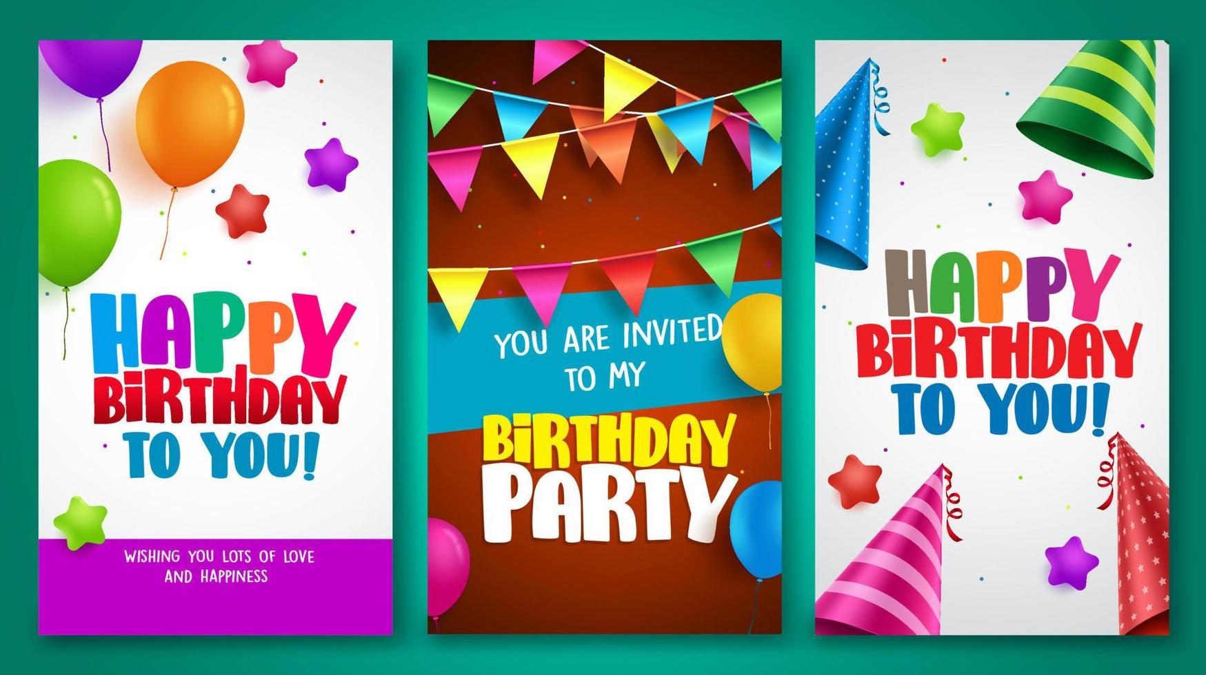 designs de cartaz de vetor de feliz aniversário ajustados com elementos coloridos como balões e chapéus de aniversário para festa de aniversário e outras celebrações. ilustração vetorial.