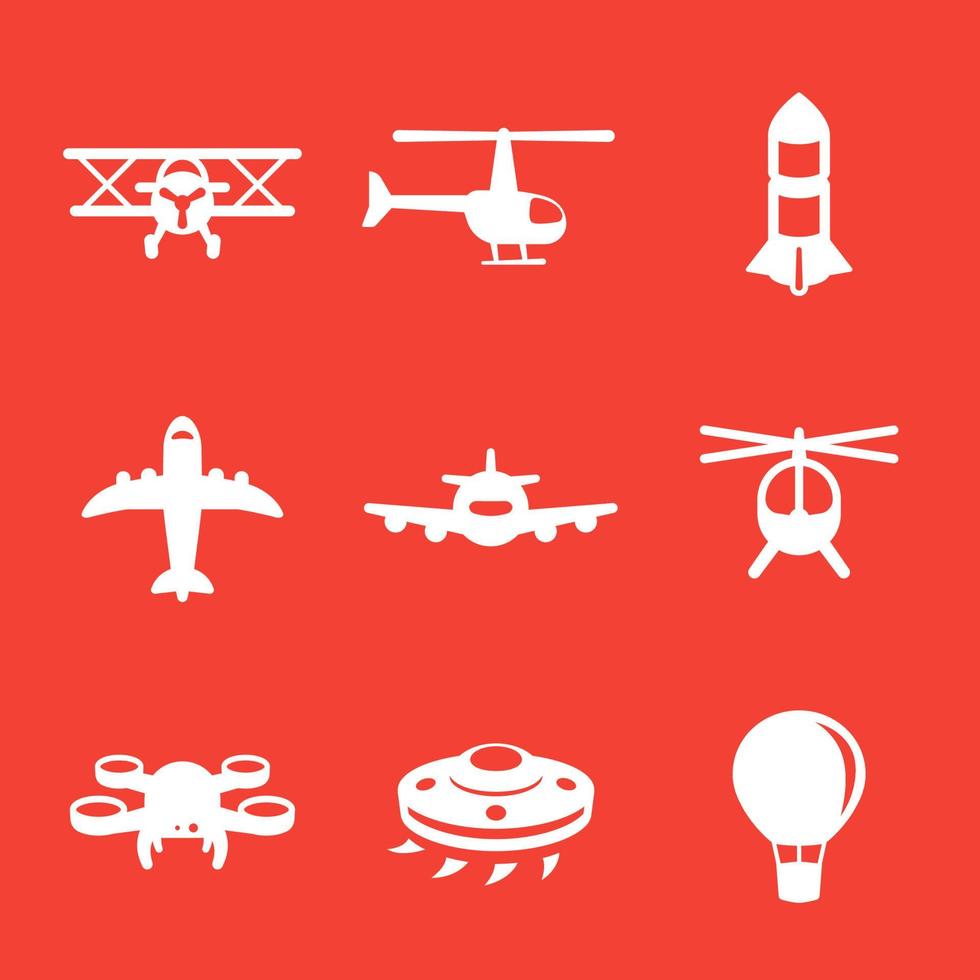 ícones de aeronaves, avião, aviação, transporte aéreo, helicóptero, drone, biplano, balão de ar, nave alienígena vetor