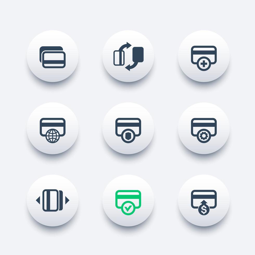 conjunto de ícones de cartões de crédito para aplicativo de banco móvel, pagamento seguro, adicionar novo cartão, processamento vetor