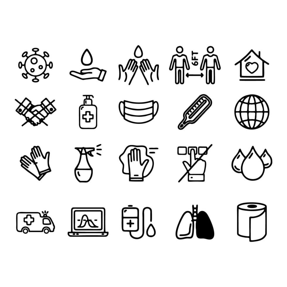 conjunto simples de ícones de linha de vetor relacionados à segurança de coronavírus. contém ícones como lavar as mãos, distanciamento social, máscara facial e muito mais.