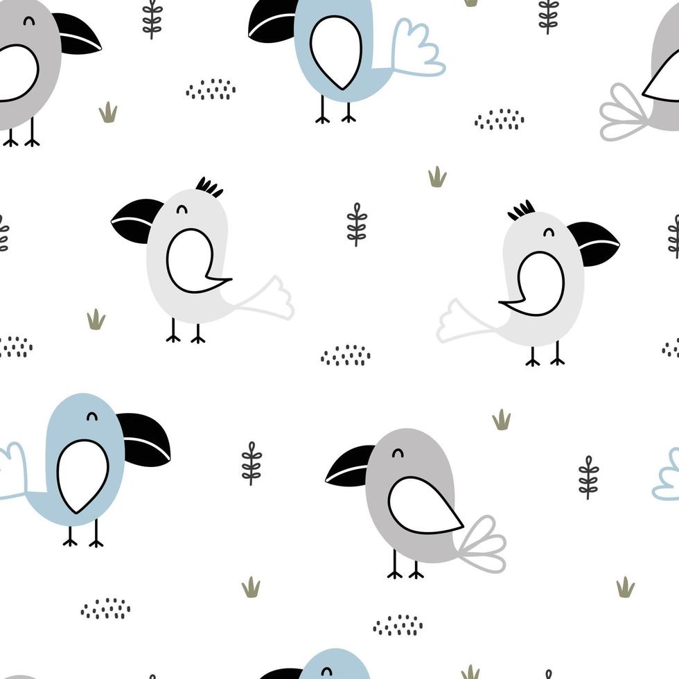 bonito padrão sem emenda para crianças fundo de pássaro ao lado de um aglomerado de design de estilo cartoon de grama na ilustração vetorial de fundo branco vetor