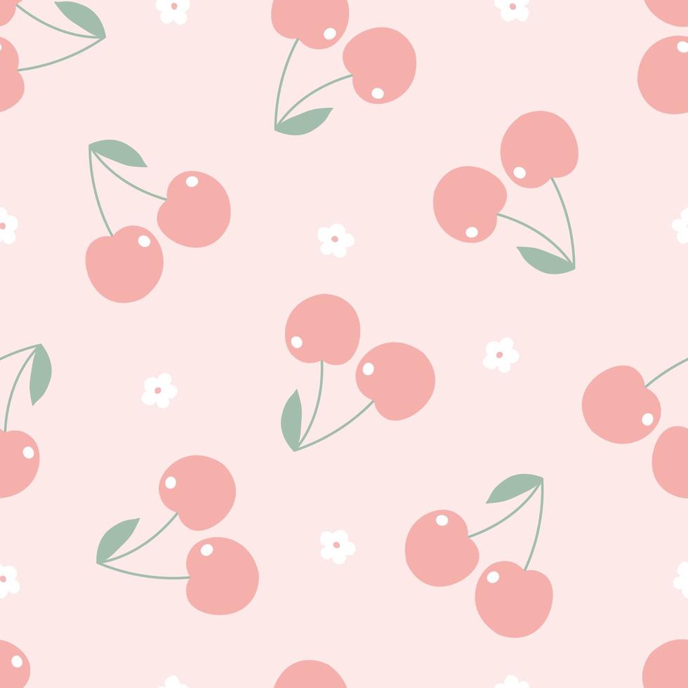 cerejas vermelhas em um fundo rosa sem costura padrão de fundo de frutas para impressão, ilustração vetorial de decoração de papel de parede vetor