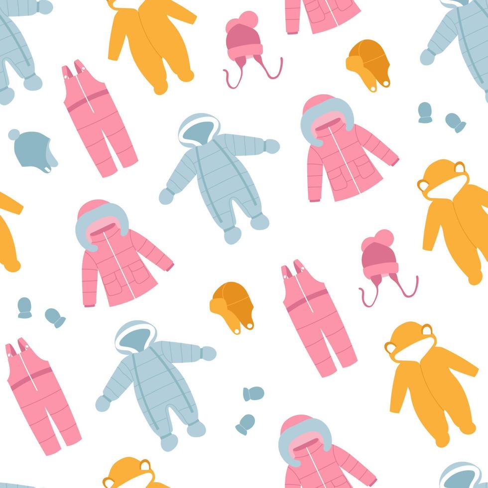 padrão sem emenda de roupas de inverno do bebê. casaco de inverno colorido, macacão, traje de neve, macacão, chapéus e luvas vetor
