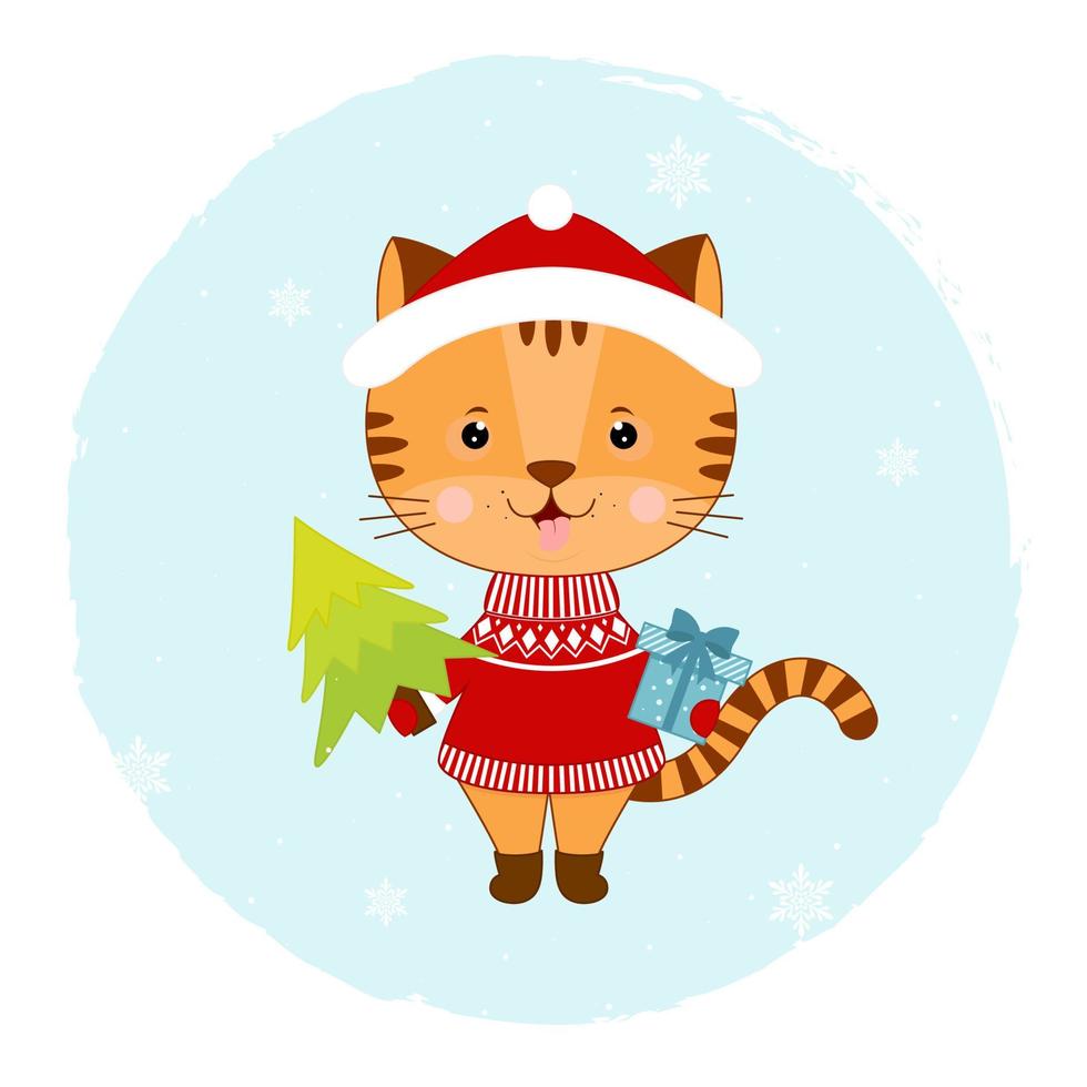 tigre bonito dos desenhos animados com uma árvore de Natal e um presente. cartão postal de natal. vetor