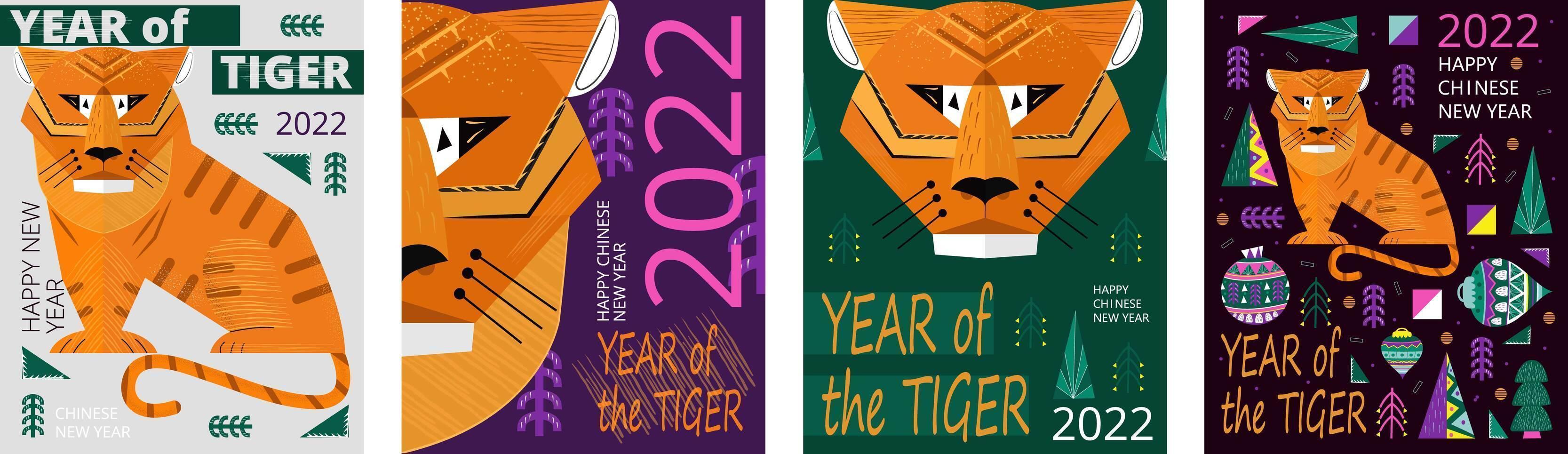 feliz ano novo chinês tigre 2022 banner vector. árvores geométricas, abeto, brinquedo de árvore de natal. vetor