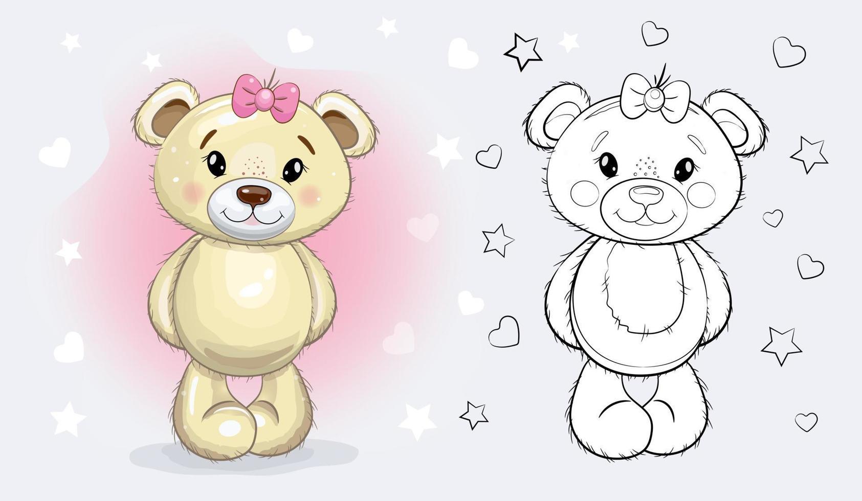 urso de peluche bonito dos desenhos animados de natal. ilustração em vetor bebê boneca. página para colorir.