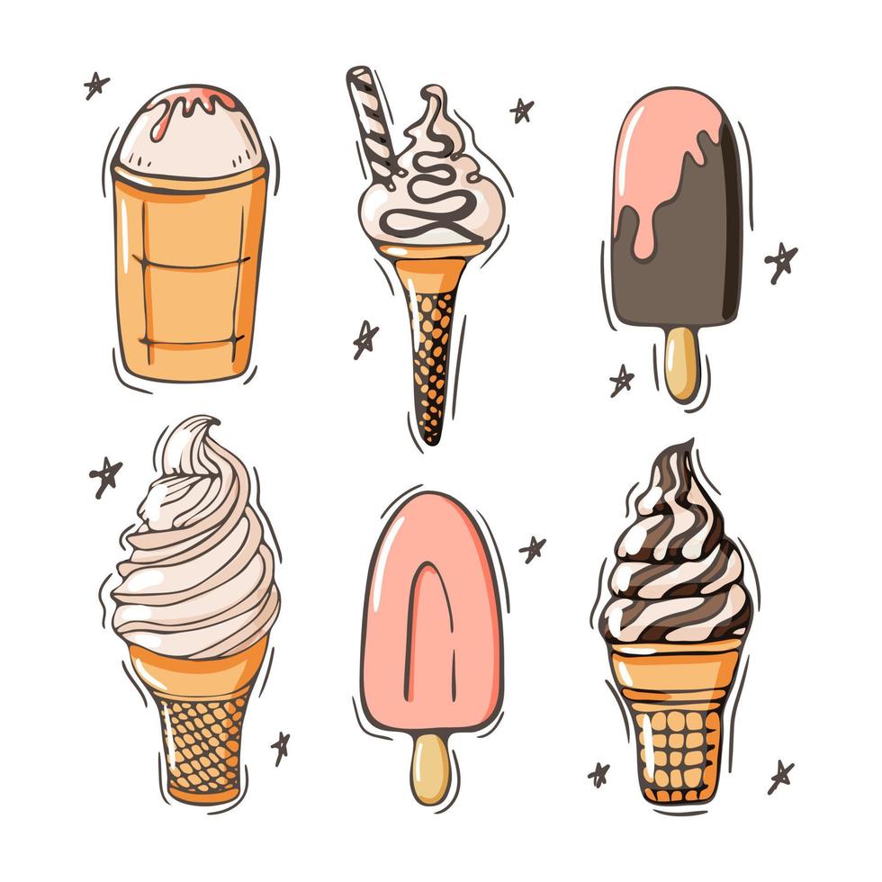 conjunto de ícones de sorvete vector a ilustração do doodle. coleção infantil de verão de proteção solar e cone isolado no branco