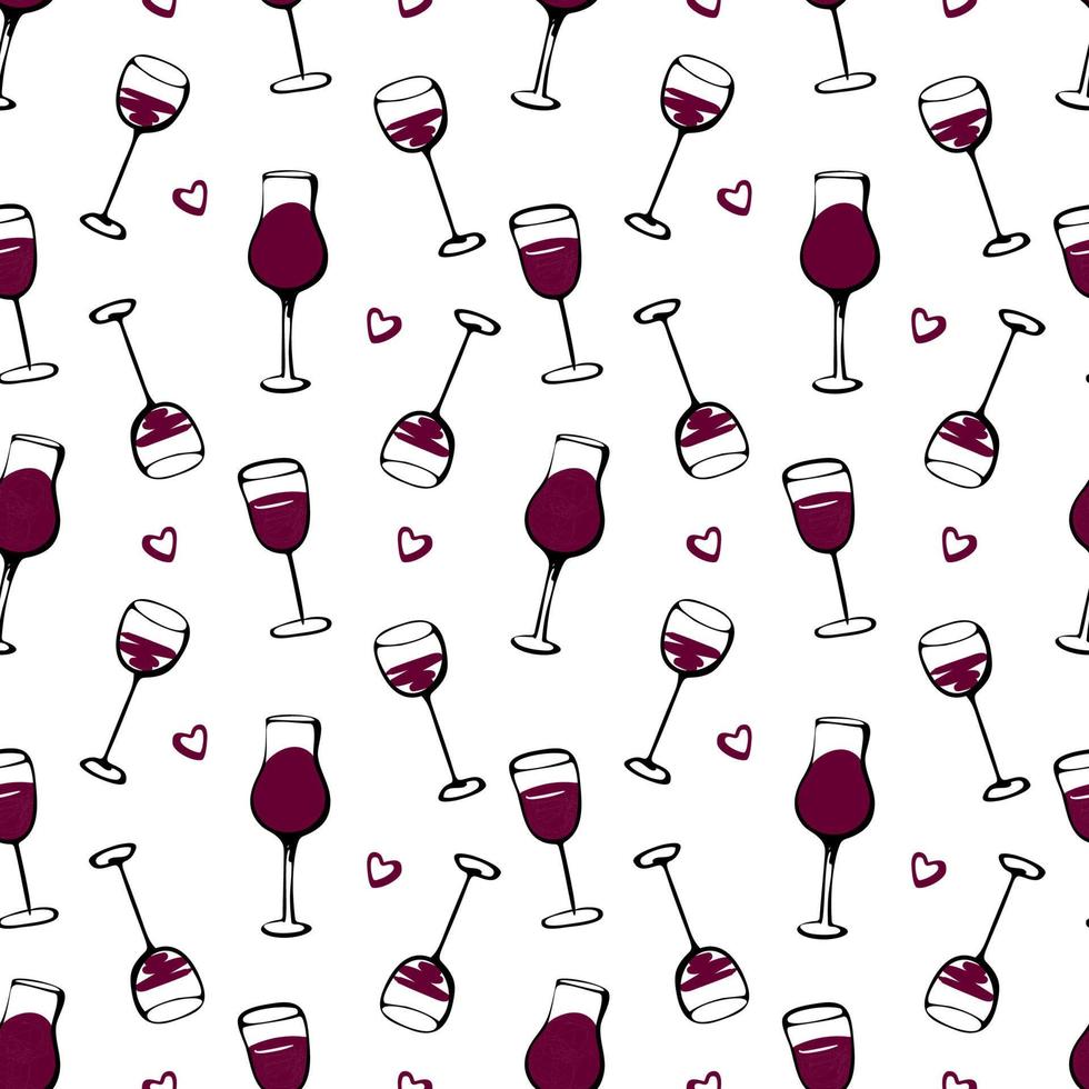 padrão de doodle sem costura com copo de vinho. ilustração vetorial. vetor