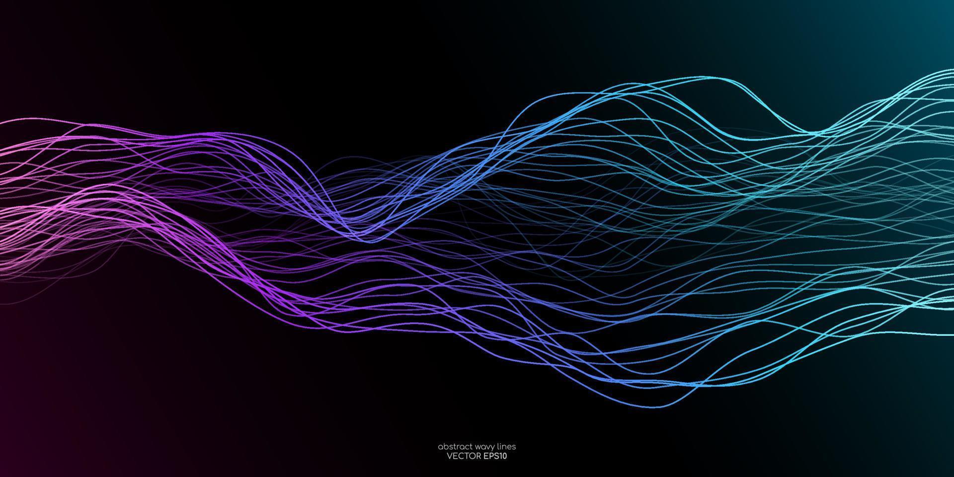 linhas de onda de vetor fluindo dinâmicas em verde azul roxo colorido isoladas em um fundo preto para o conceito de tecnologia IA, digital, comunicação, ciência, música