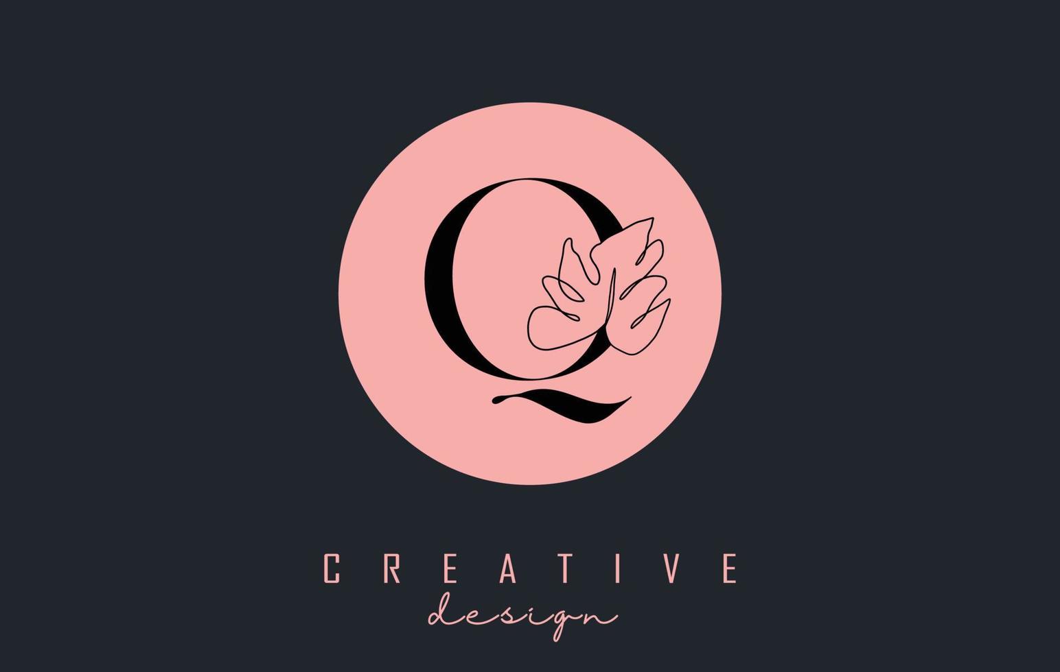 q design de logotipo de carta com desenho de linha de uma folha de monstera em uma ilustração vetorial de fundo de círculo rosa. vetor