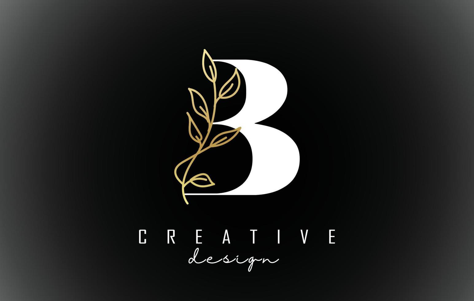 design de logotipo de letra b branco com ilustração em vetor ramo de folhas douradas.