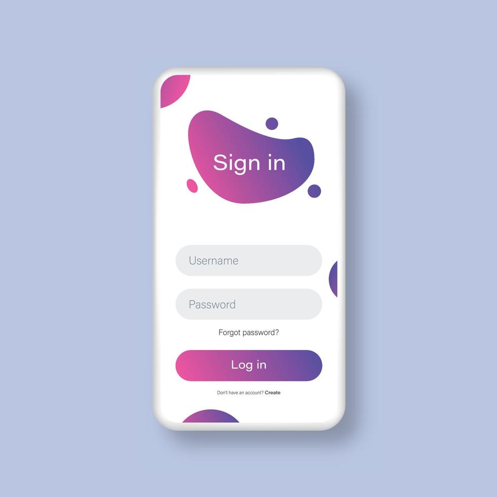 maquete de smartphone com modelo de página de formulário de login. cores roxas da moda. formulário de inscrição online. vetor