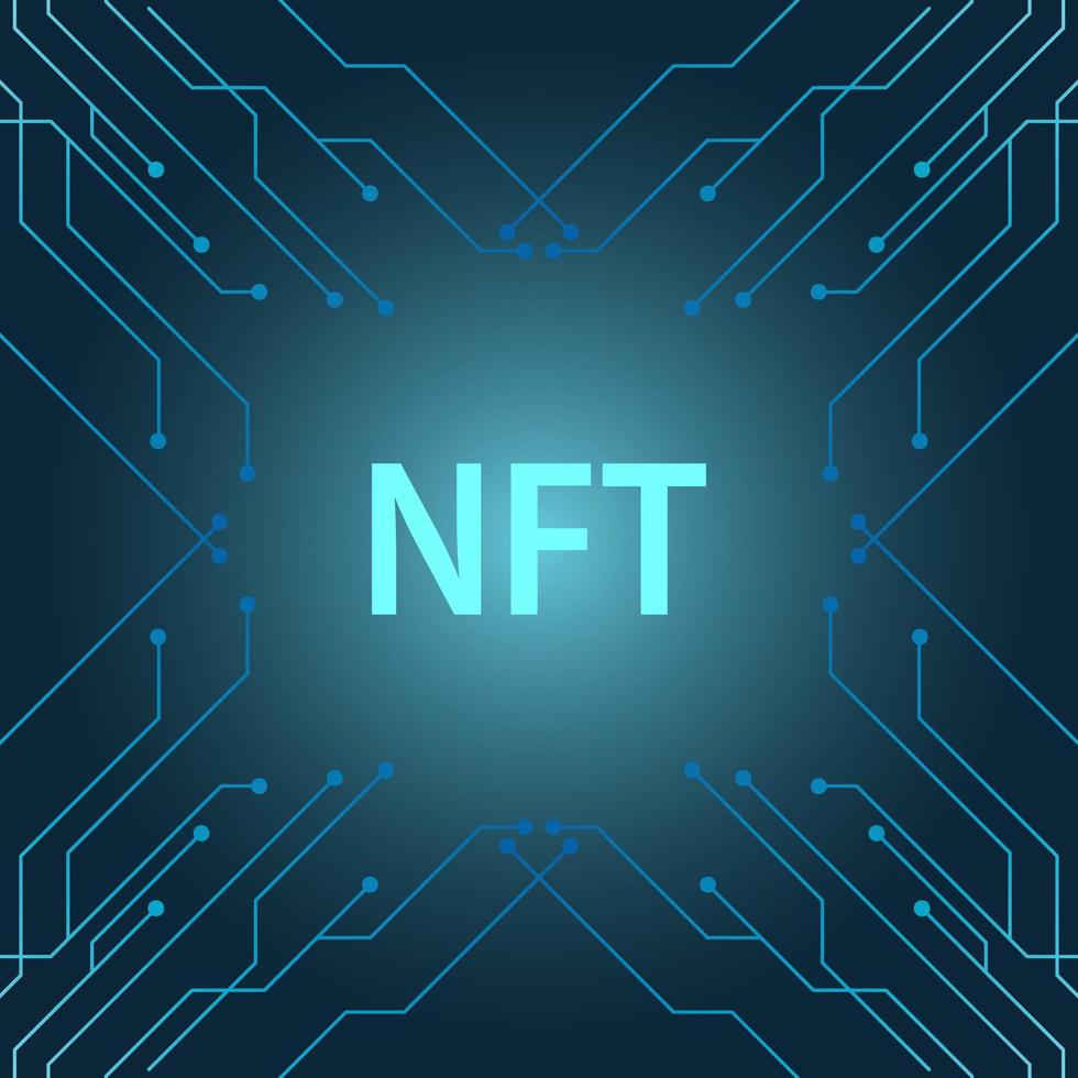 Banner de nft de cryptoarte com faixas de pcb. Token não fungível NFT em fundo azul. crypto art. ilustração vetorial vetor