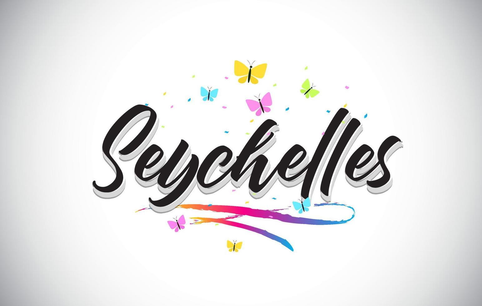 texto de palavra de vetor manuscrito de seychelles com borboletas e swoosh colorido.