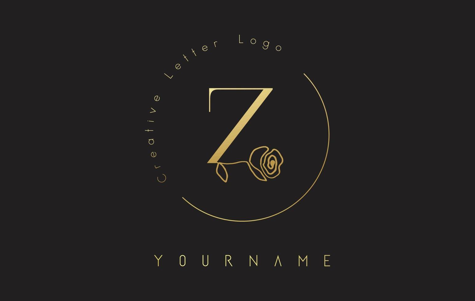 logotipo dourado da letra z inicial criativa com círculo de letras e rosa desenhada de mão. elemento floral e elegante letra z. vetor