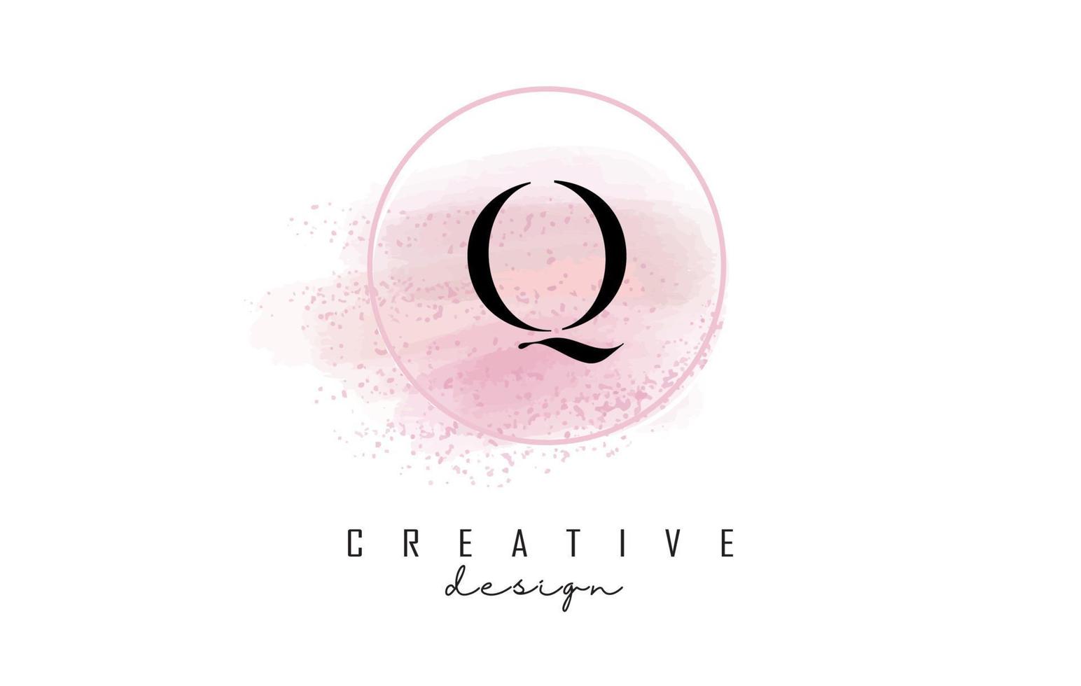 q design do logotipo da carta com moldura redonda brilhante e fundo aquarela rosa. vetor