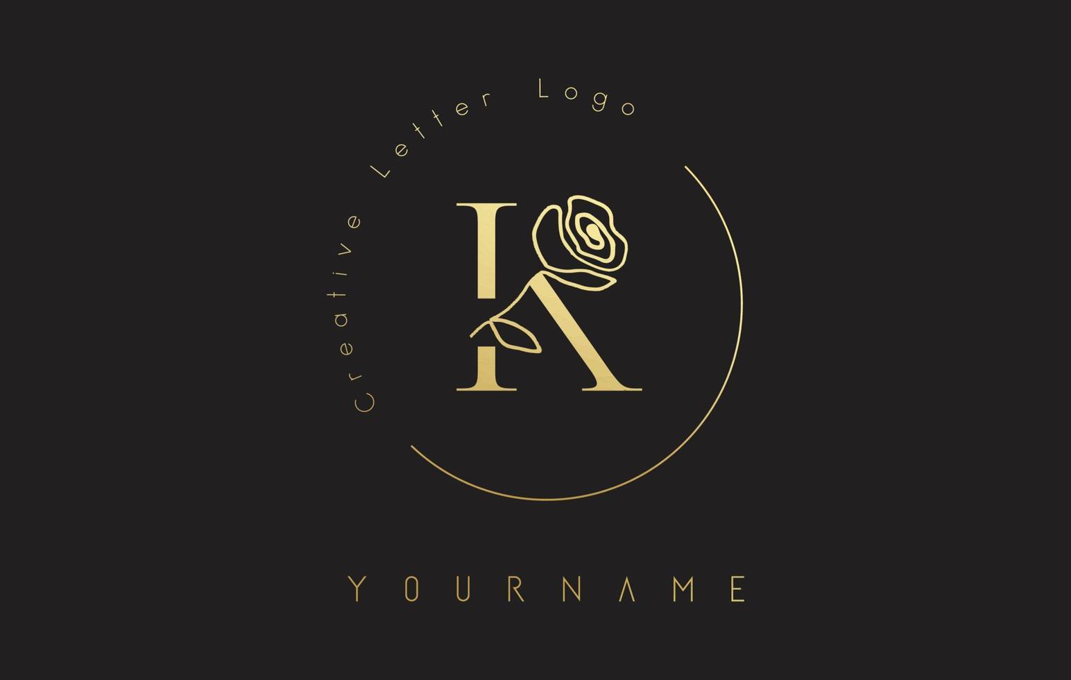 logotipo dourado da letra k inicial criativa com círculo de letras e rosa desenhada de mão. elemento floral e elegante letra k. vetor