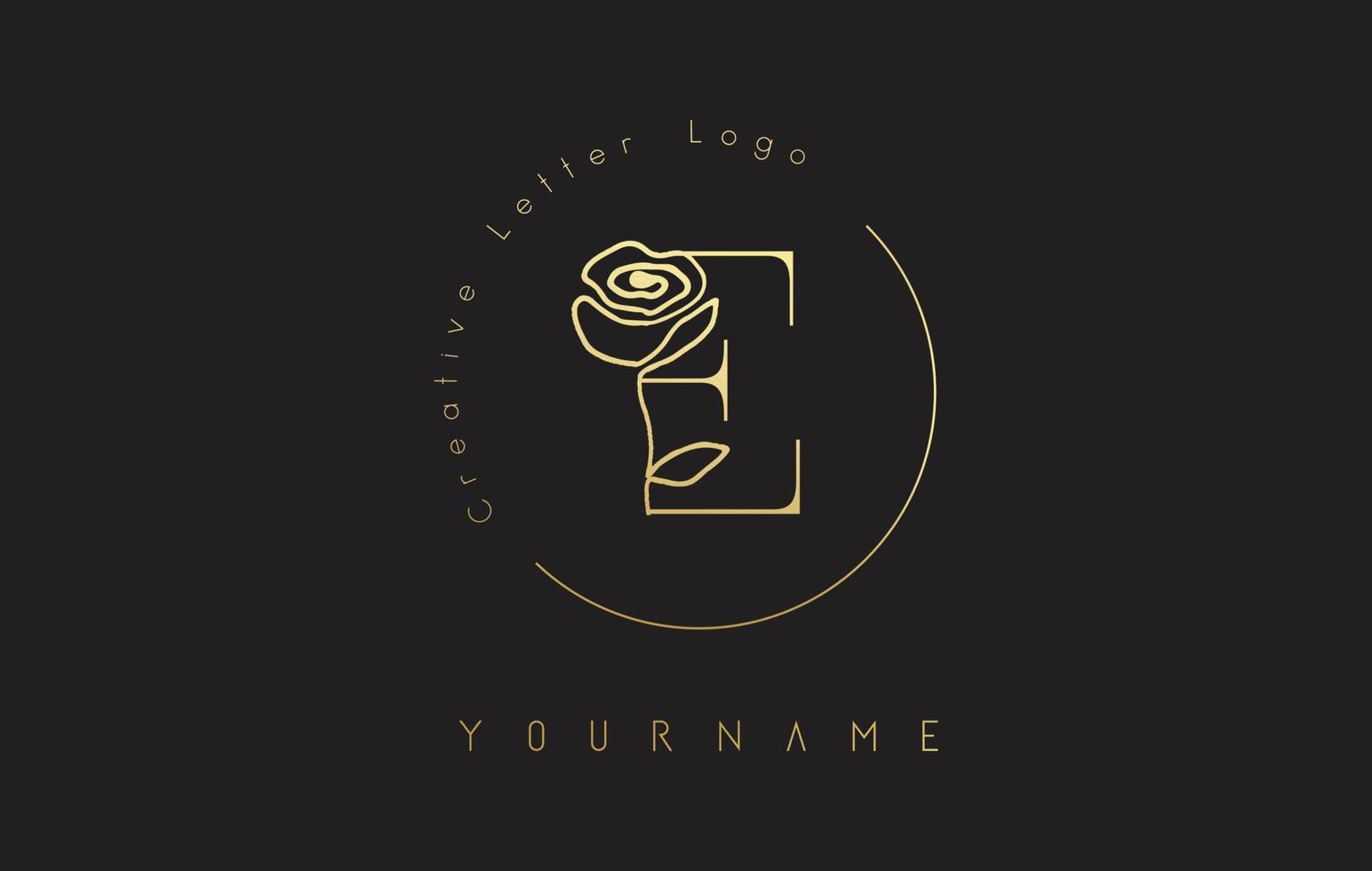 dourado criativo inicial letra e logotipo com círculo de letras e rosa desenhada de mão. elemento floral e letra elegante e. vetor