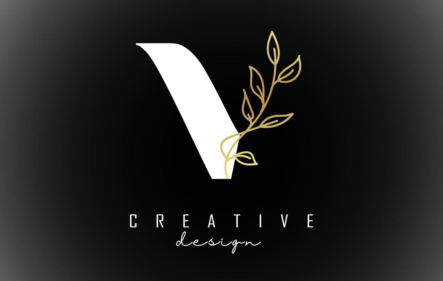 design de logotipo de letra v branco com ilustração em vetor ramo de folhas douradas.