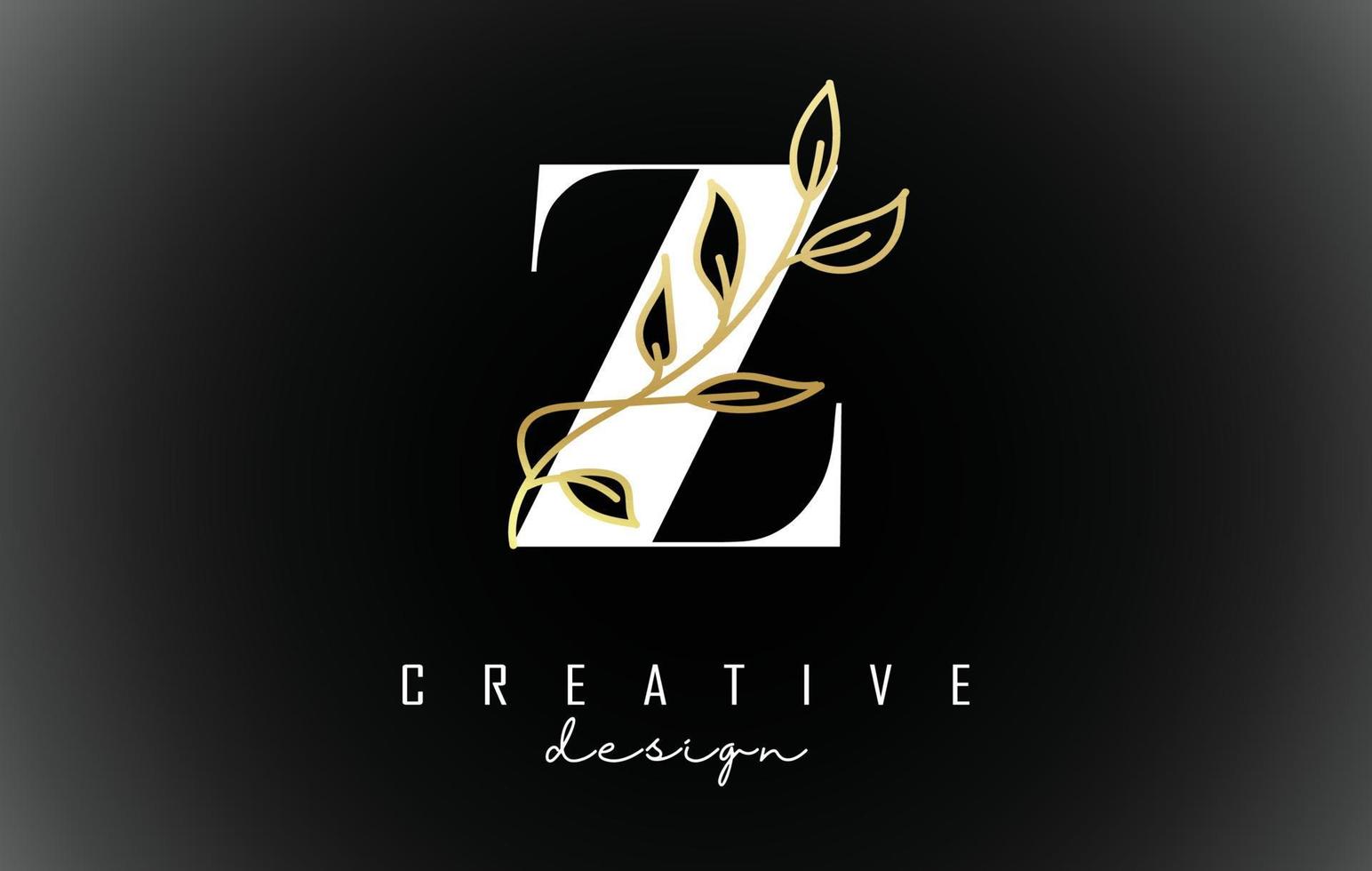 design de logotipo de letra z branco com ilustração em vetor ramo de folhas douradas.