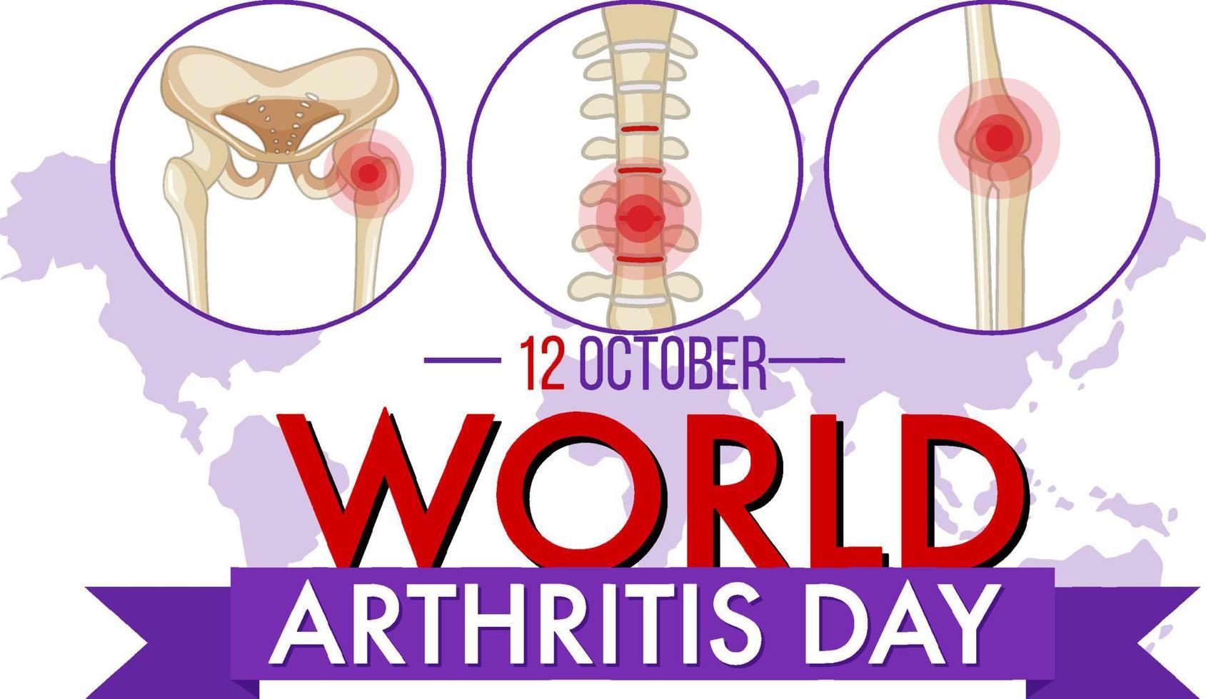 banner do dia mundial da artrite com círculos vermelhos de dor em ossos humanos vetor