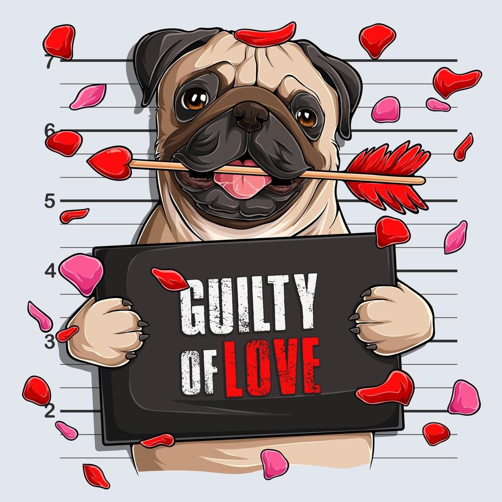 Foto engraçada do cão pug do dia dos namorados com uma flecha de cupido na boca culpado de amor vetor