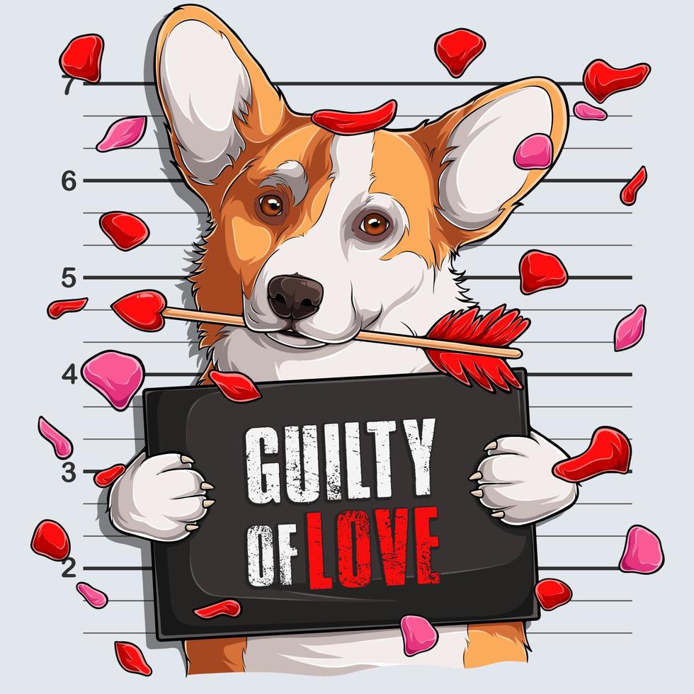 engraçado dia dos namorados welsh corgi dog mugshot com uma flecha de cupido em sua boca culpado de amor vetor