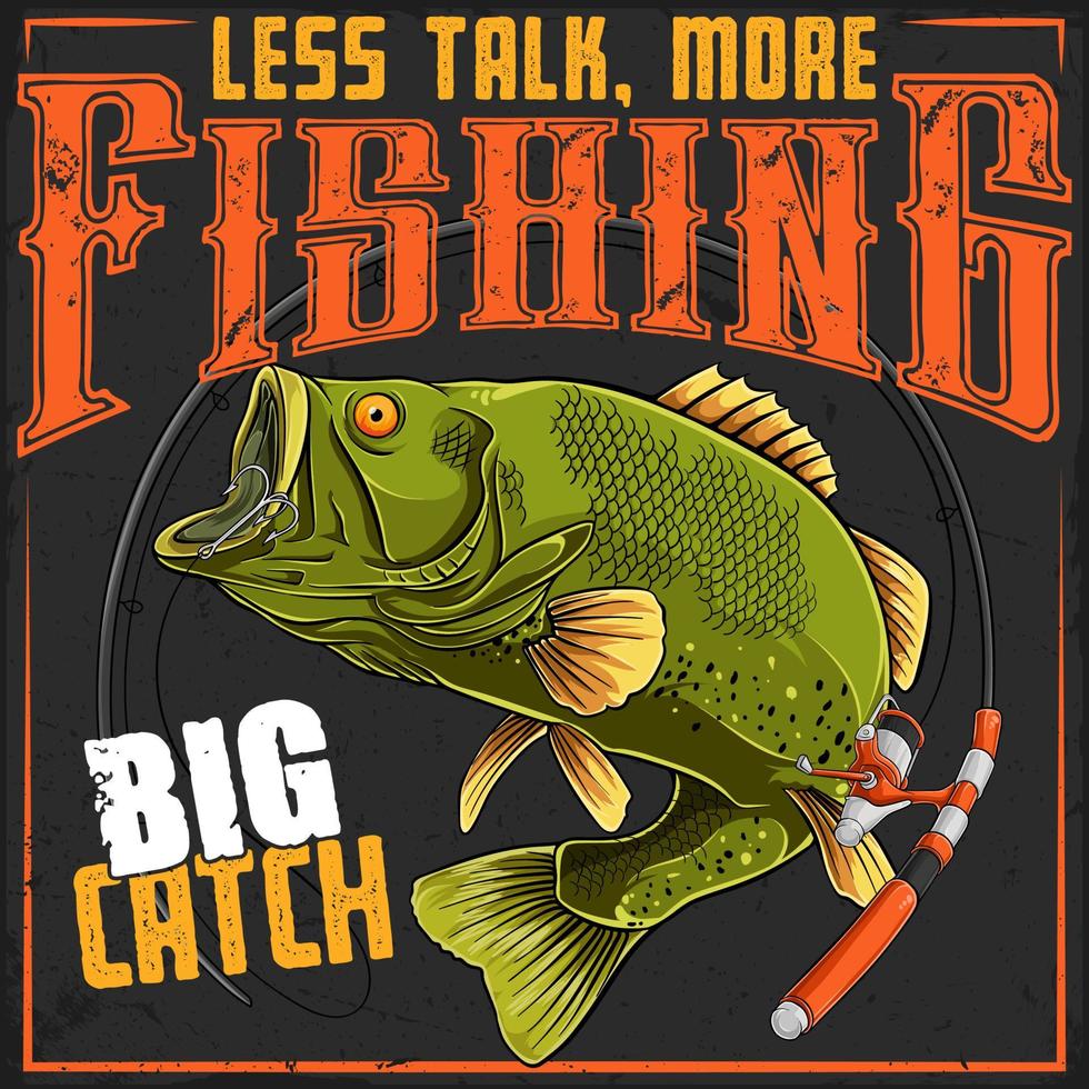 menos conversa, mais pesca pôster vintage com peixe largemouth e vara de pescar, slogan de pescaria vetor