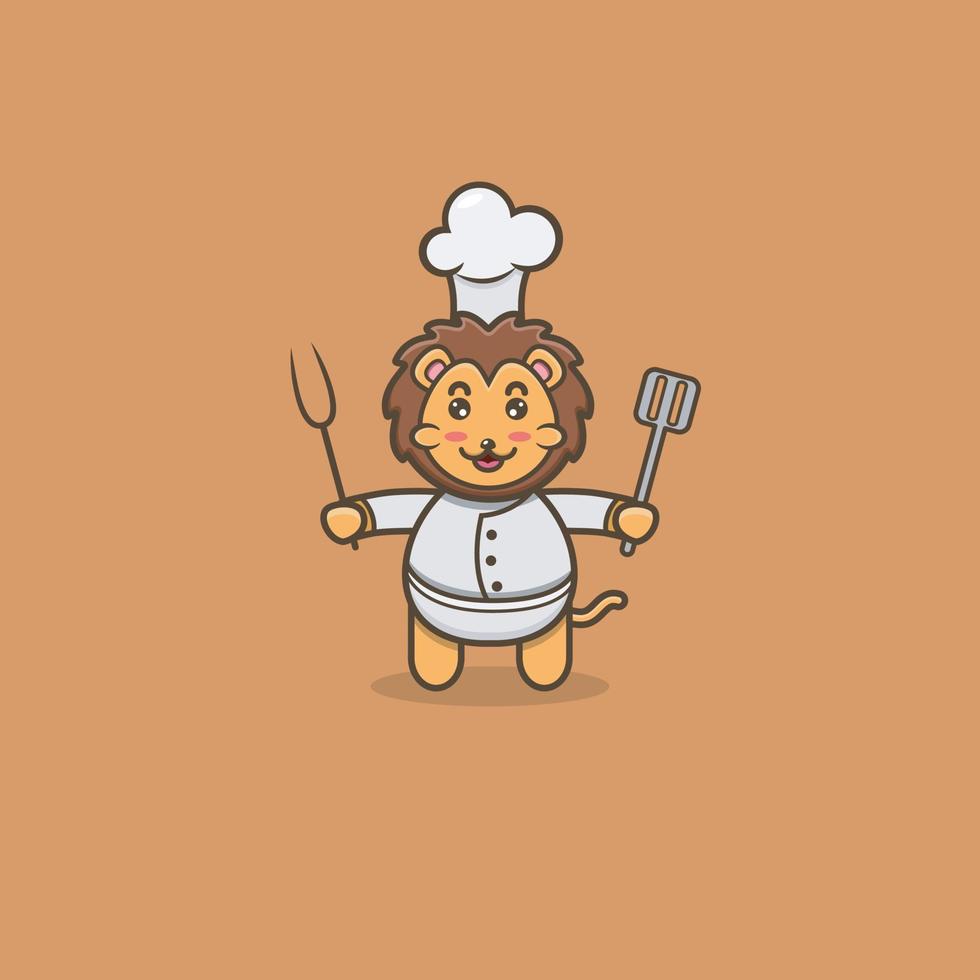 chef de leão bebê fofo. personagem, mascote, ícone, logotipo, desenho animado e design bonito. vetor