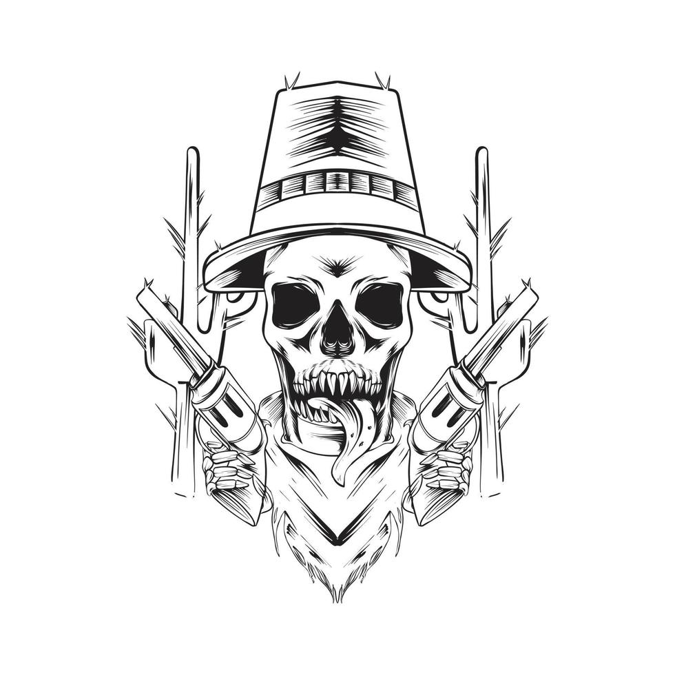 Ilustração do crânio do cowboy com desenho da arma vetor