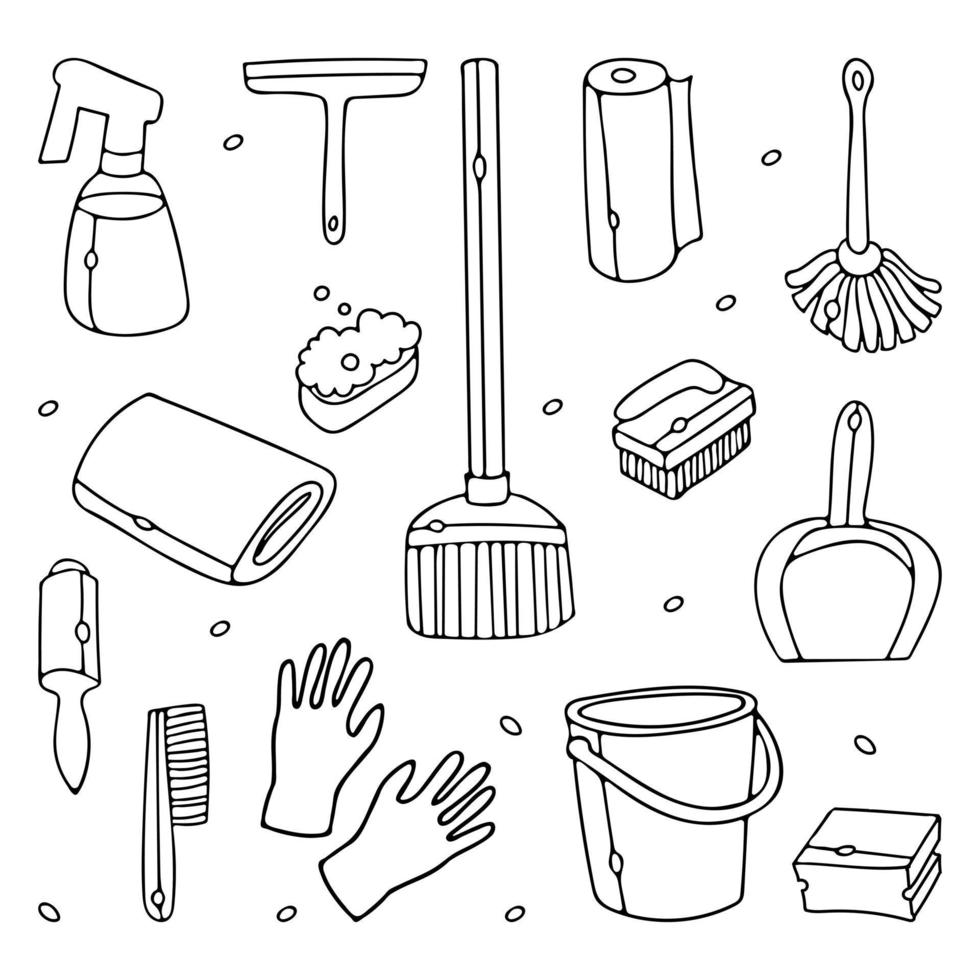 conjunto de ferramentas de limpeza. delinear ilustração em vetor doodle. para design de empresa de limpeza