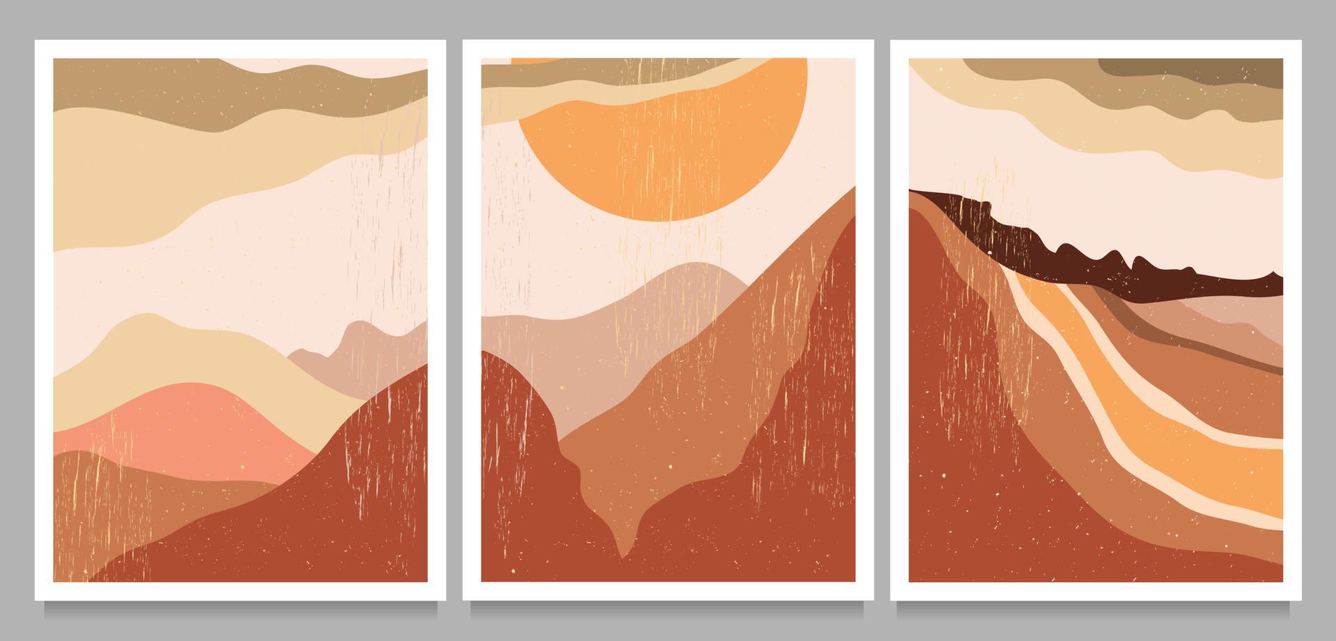 minimalista moderno de meados do século. natureza abstrata, mar, céu, sol, rio, cartaz de paisagem de montanha rochosa. fundo de paisagem geométrica em estilo escandinavo. ilustração vetorial vetor