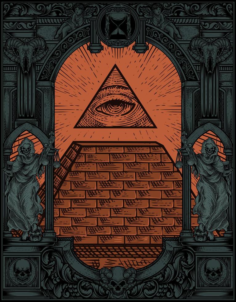 ilustração da pirâmide illuminati com estilo de gravura vetor