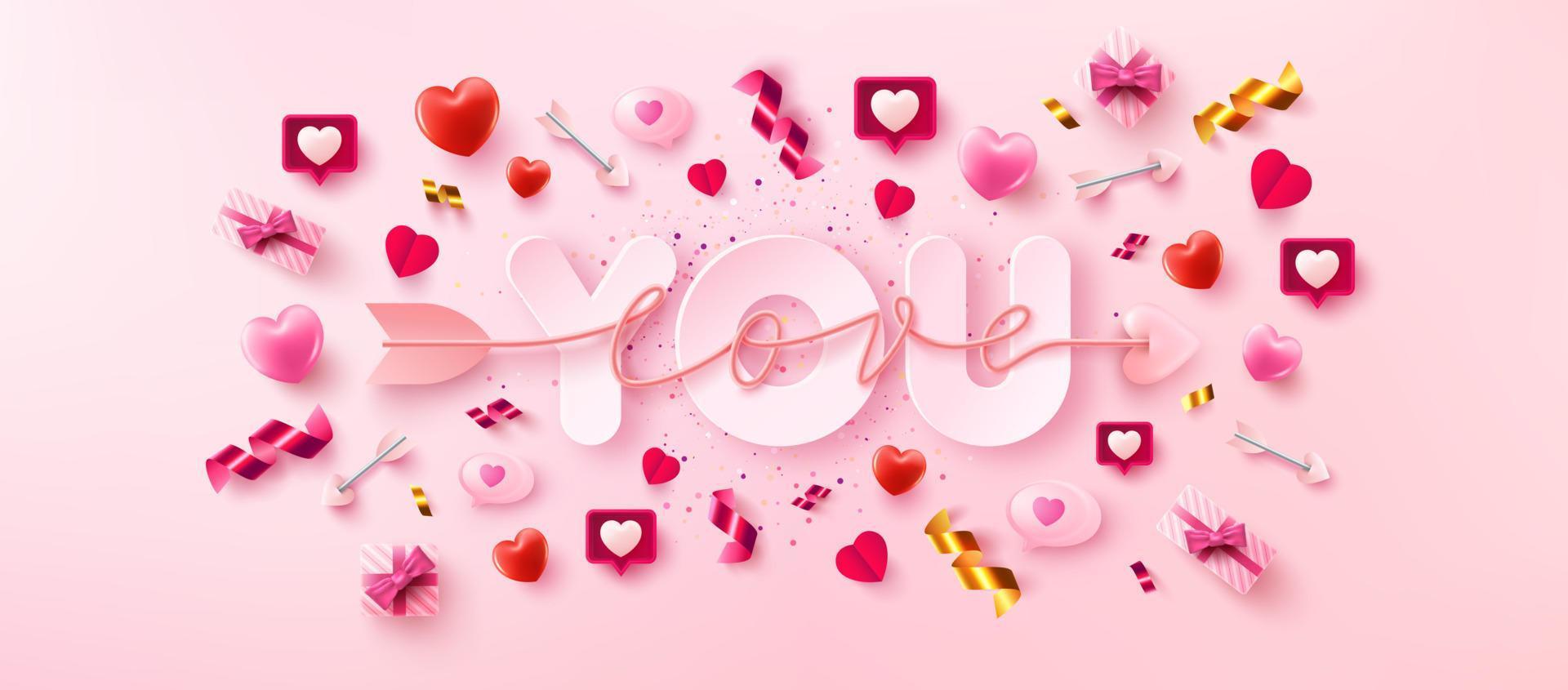 te amo cartão ou banner com o símbolo do script de amor de seta sobre a palavra e os elementos dos namorados em background.promotion rosa e modelo de compra para o amor e o dia dos namorados em estilo plano leigo. vetor