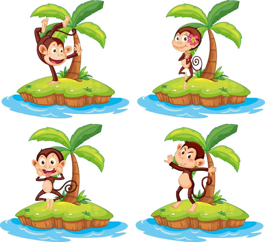 conjunto de diferentes ilhas isoladas com personagens de desenhos animados de macacos vetor