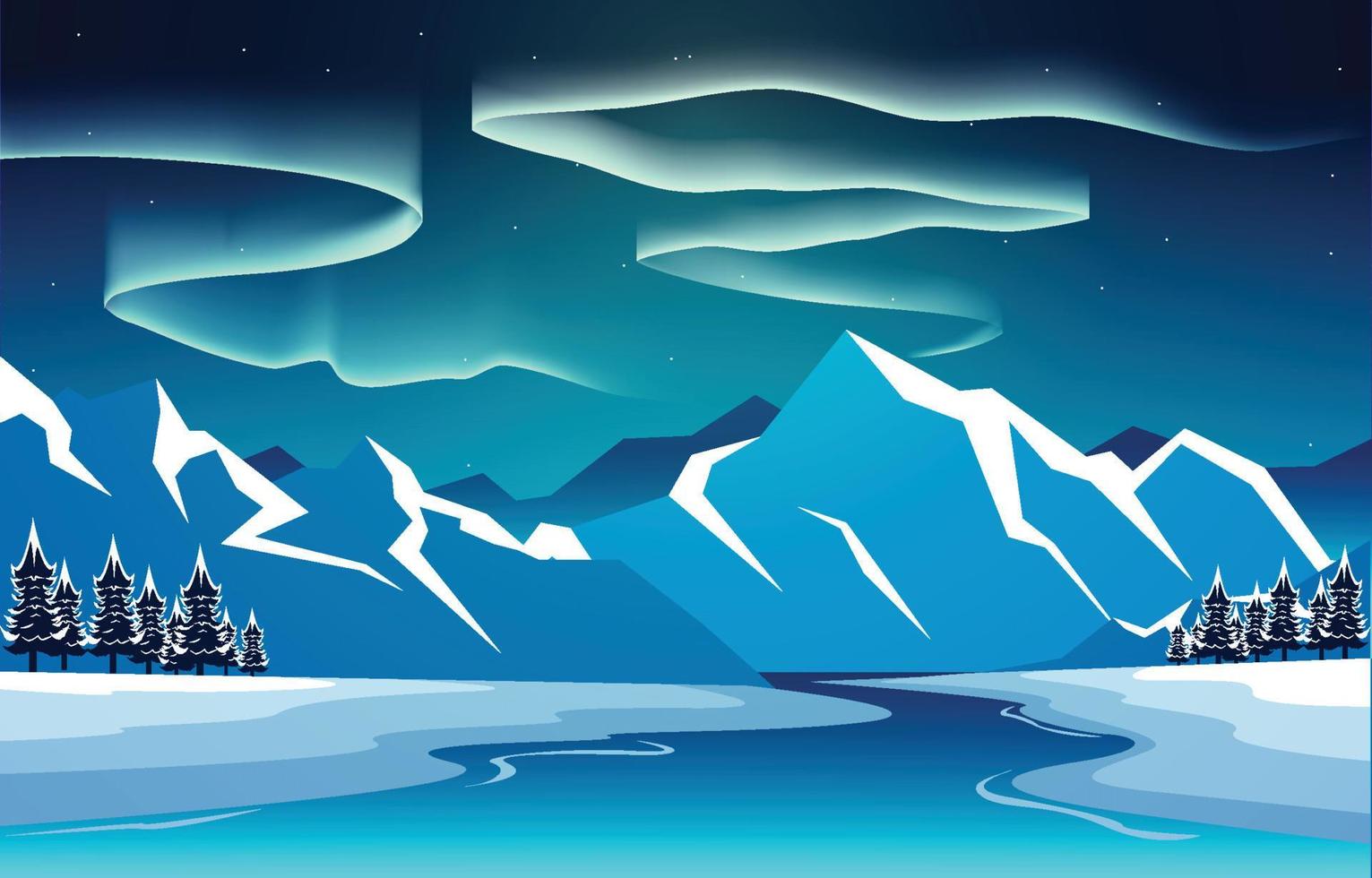 bela aurora boreal céu luz neve montanha rio ilustração paisagem polar vetor