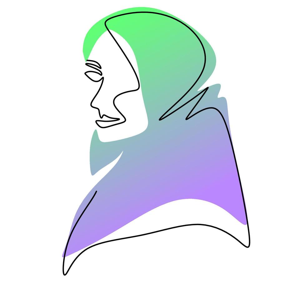 contínua uma única linha de mulher hijab verde azul vetor