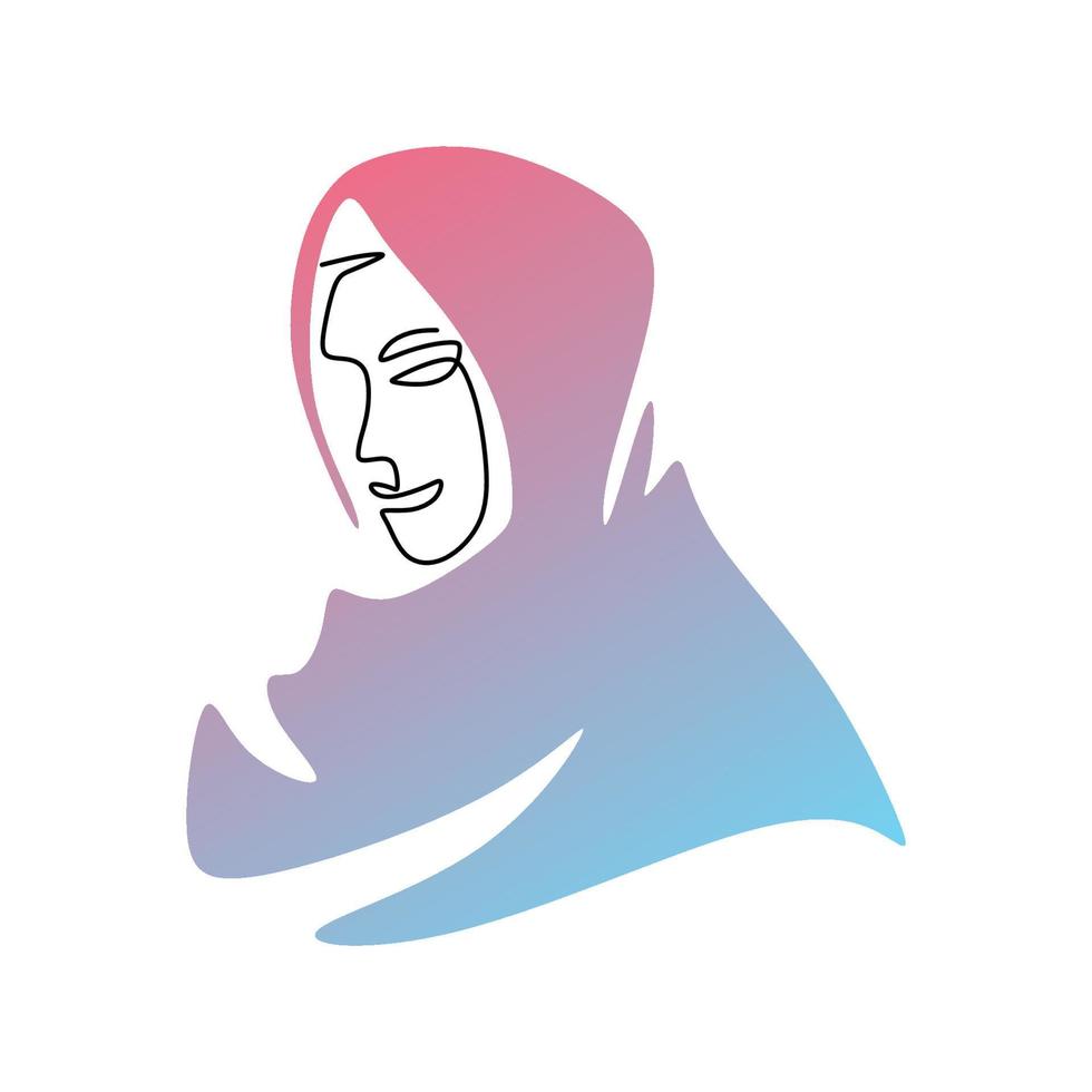 contínua uma única linha de mulher hijab rosa azul vetor
