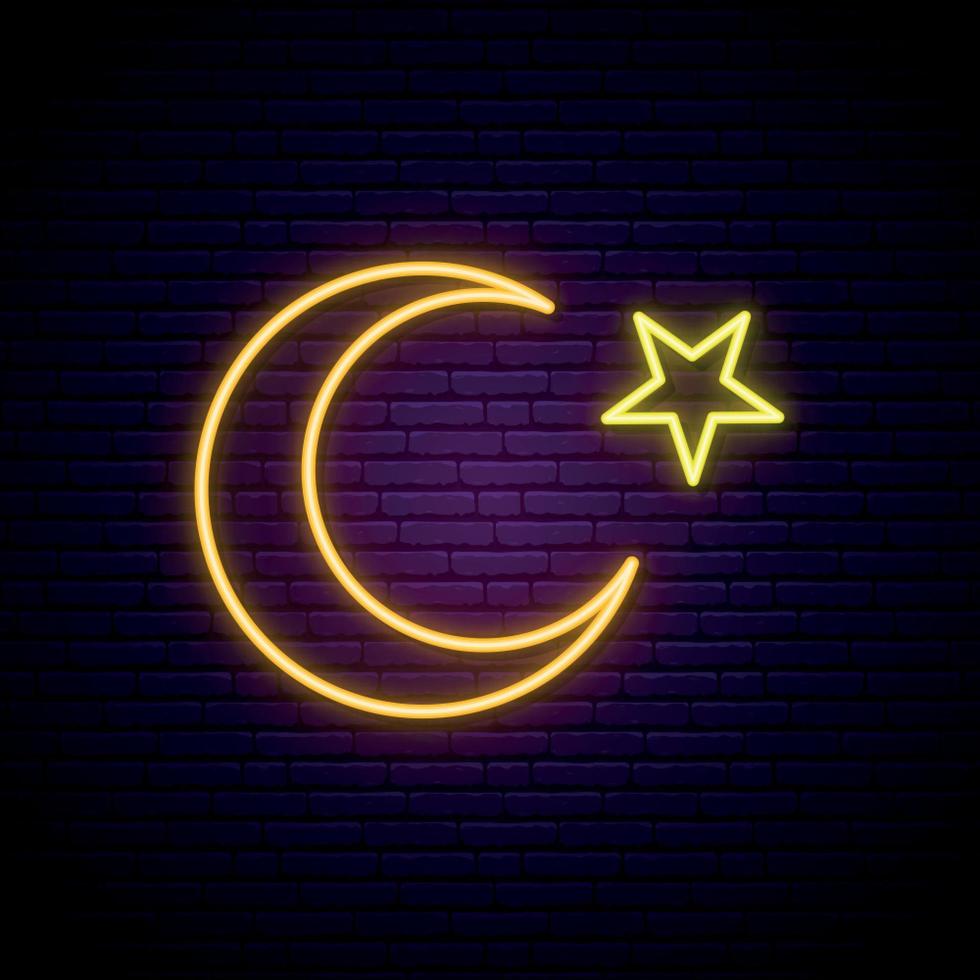 Ramadan Kareem quadro indicador de noite brilhante. Lua crescente do símbolo islâmico com uma estrela em estilo neon. vetor